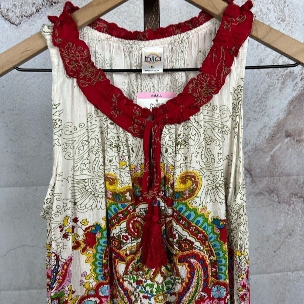 NWT BILA boho ruffled hem tank top size S hippie paisley tassel tie folk shirt ! - Picture 4 of 6
